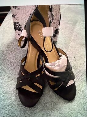 CL by Laundry Black Strappy Open-Toe Ankle Strap Heels